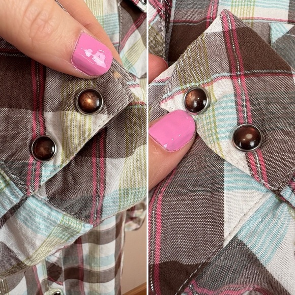 Shyanne Cotton Western Snap Front Brown Plaid Shirt Sz L Floral Embroidery Rodeo - Picture 17 of 17